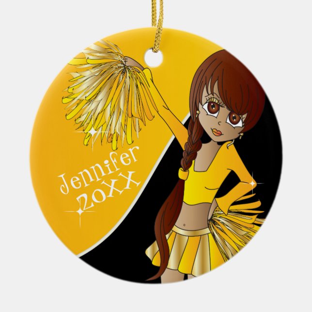 Cheerleader 📣 💖 Golden Yellow Cheerleader Girl Keramik Ornament (Vorne)