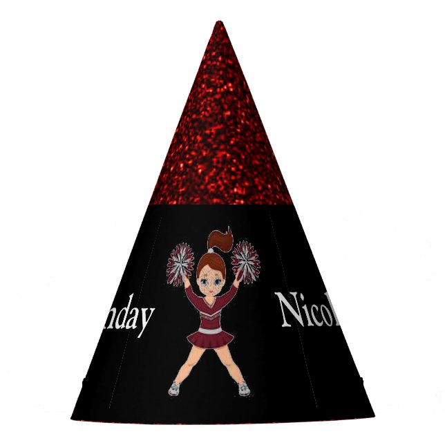 Cheerleader "Happy Birthday" Black / Red Sparkle Partyhütchen (Vorderseite)