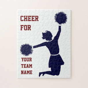 Cheerleader in der Silhouette springt mit Poms Puzzle