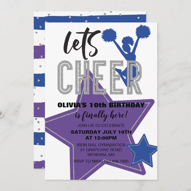 Cheerleader Lila Blue Cheer Birthday Einladung (Vorne/Hinten)