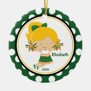 Cheerleader-Mädchen-Weihnachtsverzierungs-grünes Keramik Ornament