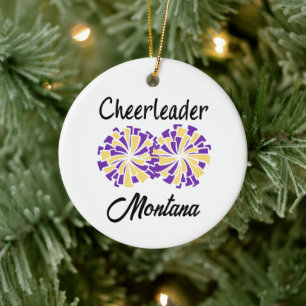 Cheerleader mit lila und gelben/goldenen Pom-Poms Keramik Ornament