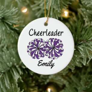 Cheerleader mit lila und weißen Pom-Poms Keramik Ornament
