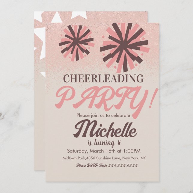 Cheerleader Party Birthday Pink Stars Einladung (Vorne/Hinten)