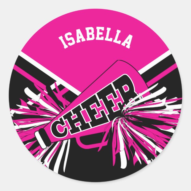 📣 Cheerleader - Rosa, Weiß und Schwarz Runder Aufkleber (Vorderseite)