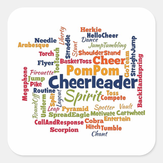 Cheerleader Word Cloud (Cheer Leader) Quadratischer Aufkleber (Vorderseite)