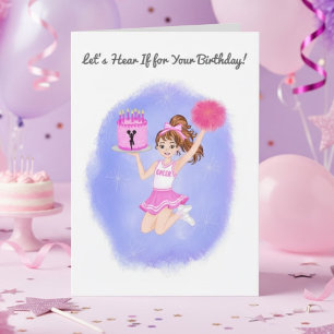 Cheerleaderin zum Geburtstag springend mit Kuchen Karte