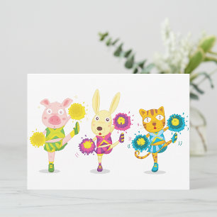 Cheerleading Animal Trio Pig Bunny and Cat Einladung
