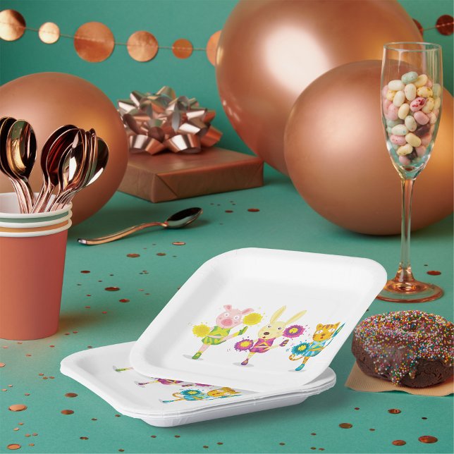 Cheerleading Animal Trio Pig Bunny and Cat Pappteller (Von Creator hochgeladen)