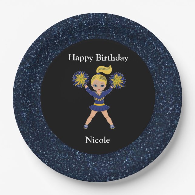 Cheerleading "Happy Birthday" Black Sparkle Pappteller (Vorderseite)