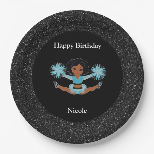 Cheerleading "Happy Birthday" Black Sparkle Pappteller (Vorderseite)