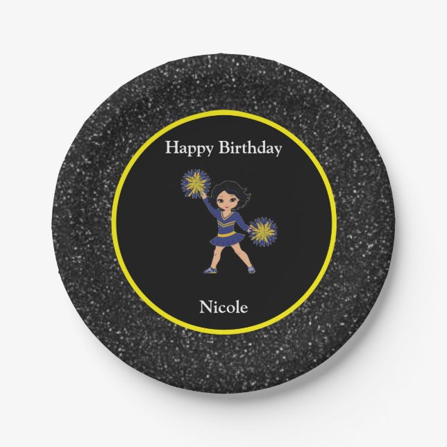 Cheerleading "Happy Birthday" Black Sparkle Pappteller (Vorderseite)