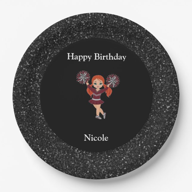 Cheerleading "Happy Birthday" Black Sparkle Pappteller (Vorderseite)