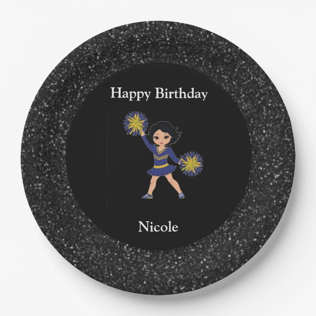 Cheerleading "Happy Birthday" Black Sparkle Pappteller (Vorderseite)