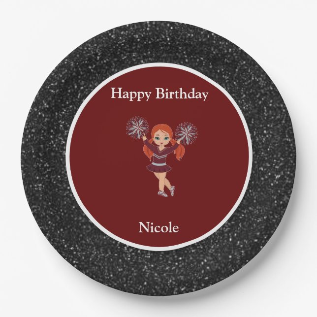 Cheerleading "Happy Birthday" Black Sparkle Pappteller (Vorderseite)