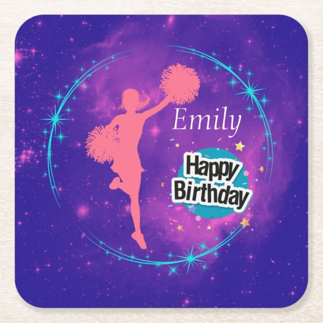 Cheerleading Happy Birthday Galaxy Personalisiert Rechteckiger Pappuntersetzer (Vorderseite)