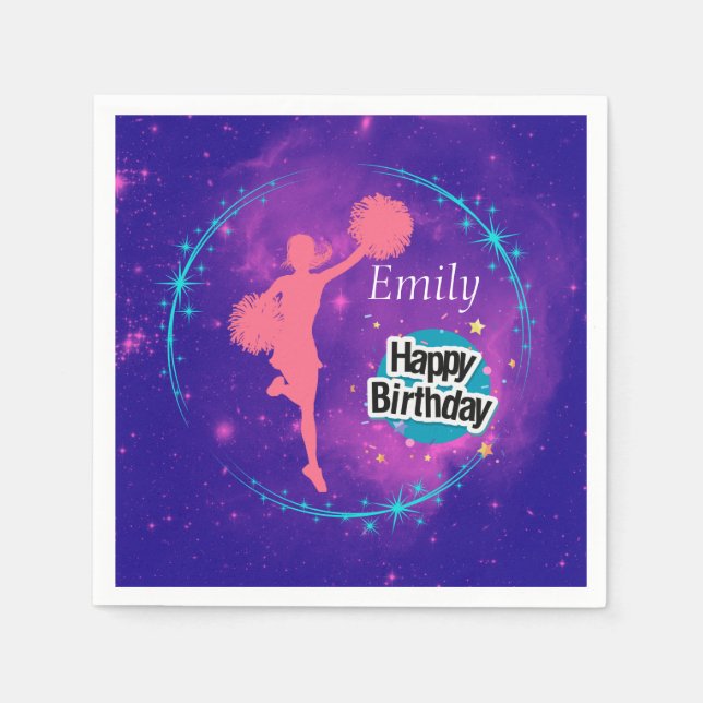 Cheerleading Happy Birthday Galaxy Personalisiert Serviette (Vorderseite)