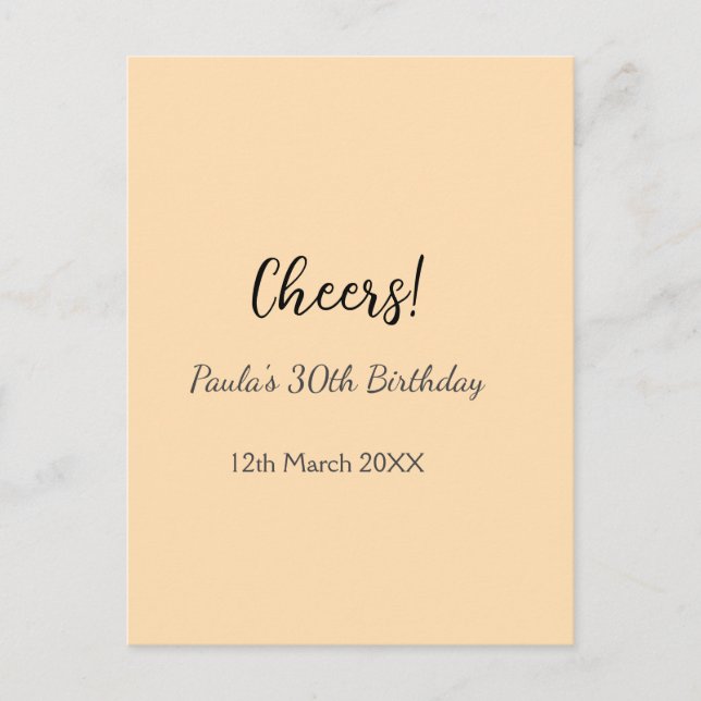 Cheers 30. Geburtstag Name Datum einfach minimal  Postkarte (Vorderseite)