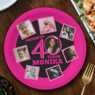 Cheers 40. Geburtstag 8 Foto Name pink schwarz Pappteller