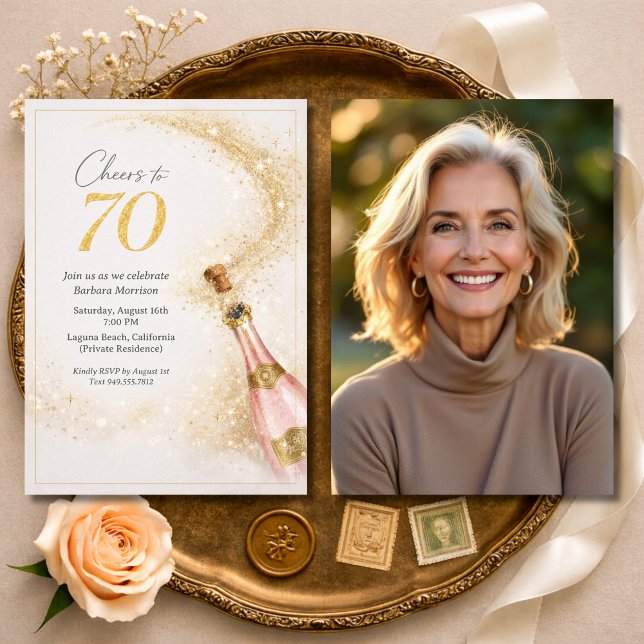 Cheers 70th Birthday Photo Pink Gold Champagne Einladung (Von Creator hochgeladen)