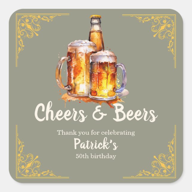 Cheers and Beers Glass Bottle 50th Birthday Quadratischer Aufkleber (Vorderseite)