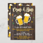 Cheers and Beers Retirement Party Invitation Einladung<br><div class="desc">Awesome Cheers and Beers Retirement party invitations on a rustic dark wood plank background. Great retro hip vibe.
Need help with the layout,  just email me at tkatz@me.com
Great for any milestone birthday,  30th,  40th,  50th,  60th,  70th,  80th or more!  Change to any age
Hand drawn illustration by McBooboos</div>