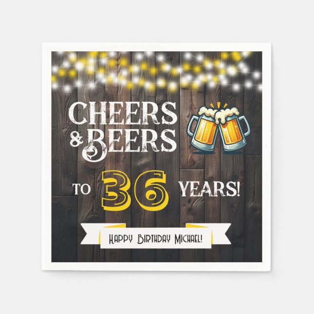 Cheers and Beers to 36 Years Rustic Birthday Party Serviette (Vorderseite)