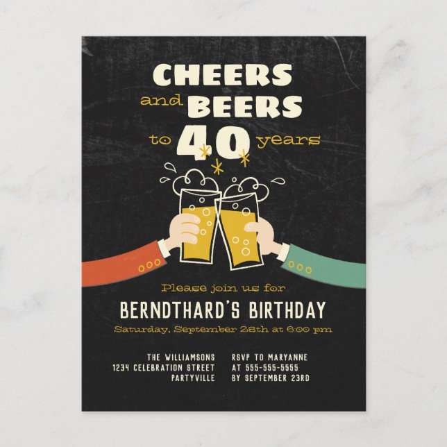 Cheers and Beers To 40 Years Retro Einladung Postkarte (Vorderseite)