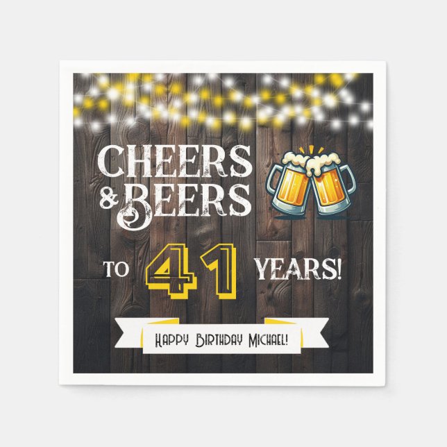 Cheers and Beers to 41 Years Rustic Birthday Party Serviette (Vorderseite)