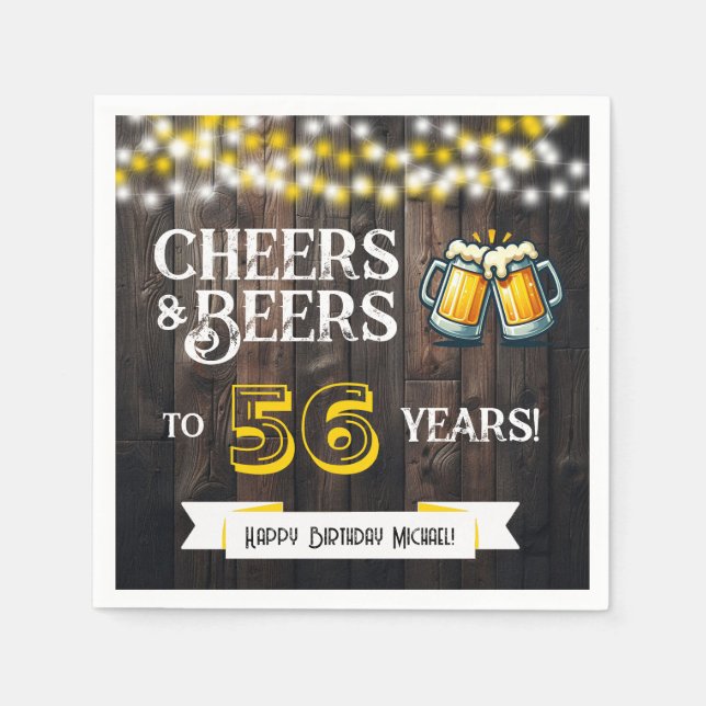 Cheers and Beers to 56 Years Rustic Birthday Party Serviette (Vorderseite)