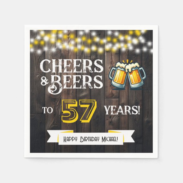 Cheers and Beers to 57 Years Rustic Birthday Party Serviette (Vorderseite)