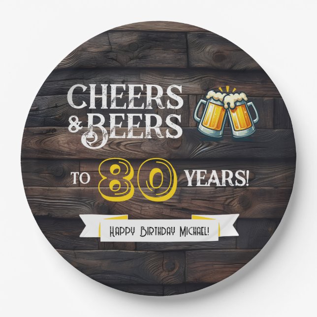 Cheers and Beers to 80 Years Rustic Birthday Pappteller (Vorderseite)