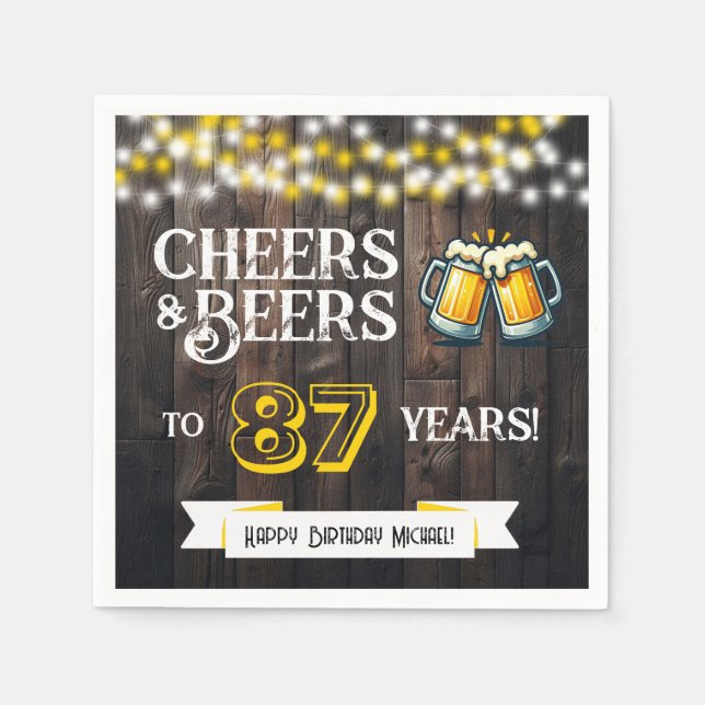 Cheers and Beers to 87 Years Rustic Birthday Party Serviette (Vorderseite)