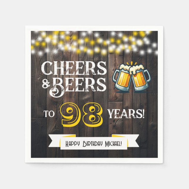 Cheers and Beers to 98 Years Rustic Birthday Party Serviette (Vorderseite)