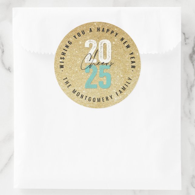 Cheers Aqua 2025 Gold Glitzer Neujahr Urlaub Runder Aufkleber (Tasche)
