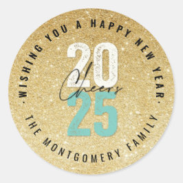 Cheers Aqua 2025 Gold Glitzer Neujahr Urlaub Runder Aufkleber