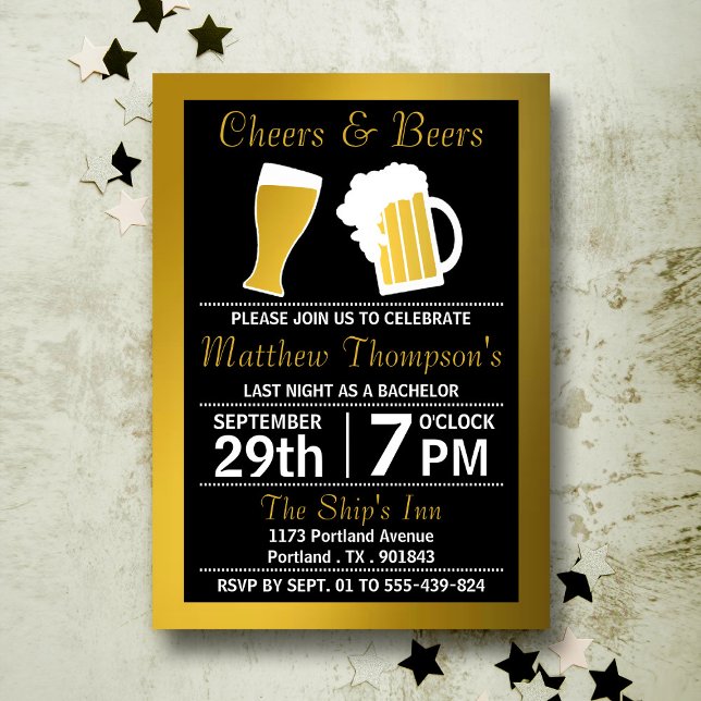 Cheers & Beers Black & Gold Bachelor Party Einladung (Von Creator hochgeladen)