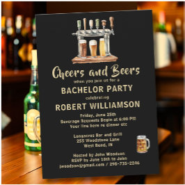 Cheers & Beers Black & Gold Bachelor Party Einladung