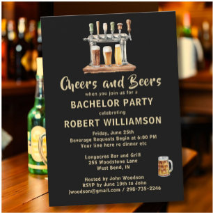 Cheers & Beers Black & Gold Bachelor Party Einladung