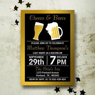 Cheers & Beers Black & Gold Junggesellenabschied Einladung