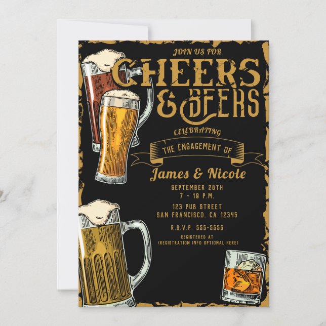 Cheers & Beers Gold Black Pub Bar Engagement Party Einladung (Vorderseite)