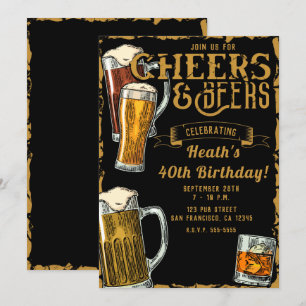 Cheers & Beers Gold Black Pub Bar Geburtstagsfeier Einladung