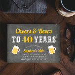 Cheers & Beers Meilenstein Geburtstagsparty Einlad Einladung<br><div class="desc">Feiern Sie seinen Geburtstag mit diesen festlichen Party Einladungen mit "Beifall und Bier bis XX Jahre" in weißer und goldgelber Schrift auf einem gebürsteten Chalkboard-Hintergrund mit zwei Tasse-Illustrationen. Personalisieren Sie Ihre Party-Details unten. Beispiel zum 40. Geburtstag gezeigt.</div>