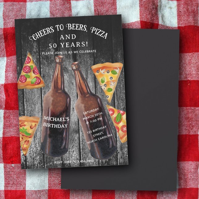 Cheers Beers Pizza 50th Beer Birthday Party Einladung (Cheers Beers Pizza 50th Beer Birthday Party Invitation)
