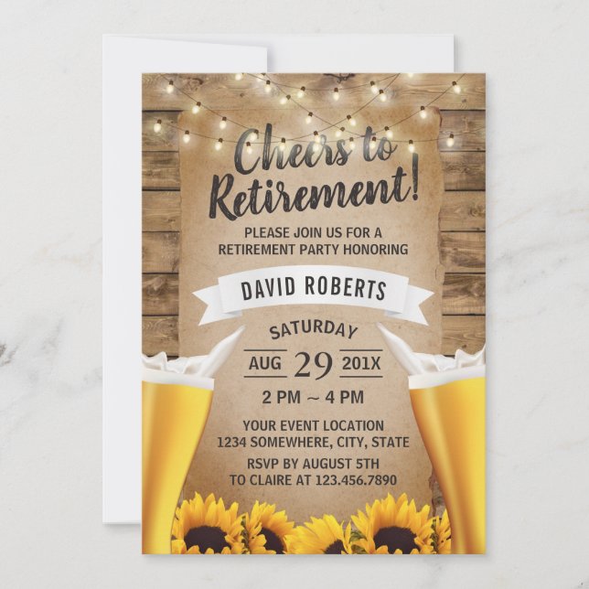 Cheers Beers Rustic Sunflowers Rtirement Party Einladung (Vorderseite)
