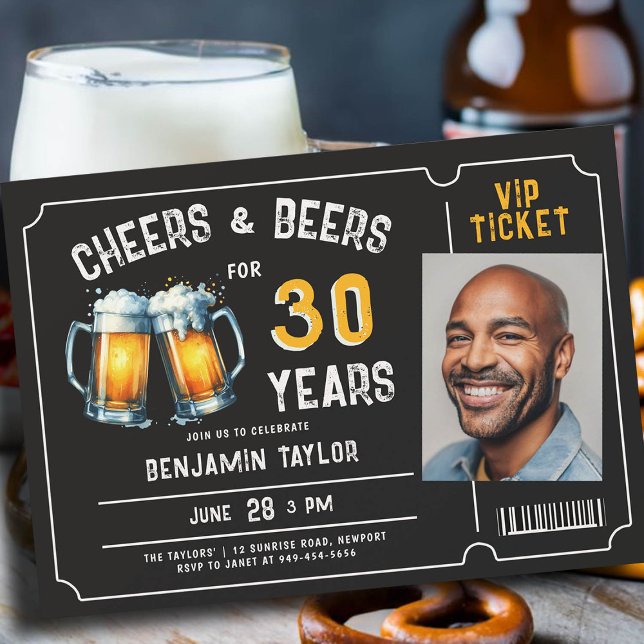 Cheers Beers Ticket Men Rustikales 30. Foto Einladung (mens 30th birthday beer party invitation ticket photo black white yellow cheers rustic fun classy)
