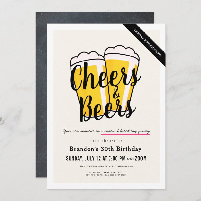 Cheers & Beers Virtual Birthday Party Einladung (Vorne/Hinten)