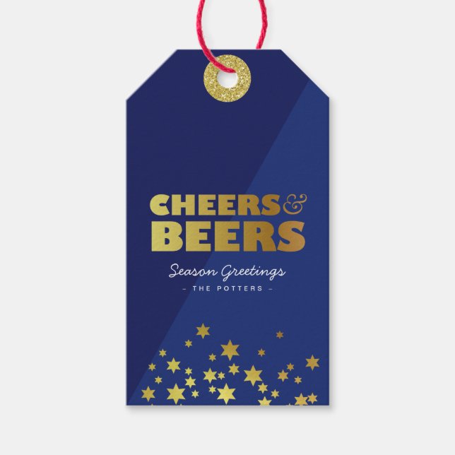 Cheers & Bers | Spaß Weihnachten Blau & Gold Geschenkanhänger (Vorderseite)