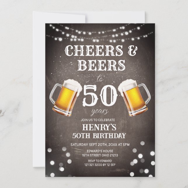 Cheers & Biere bis 50 Jahre Halbpension Geburtstag Einladung (Vorderseite)