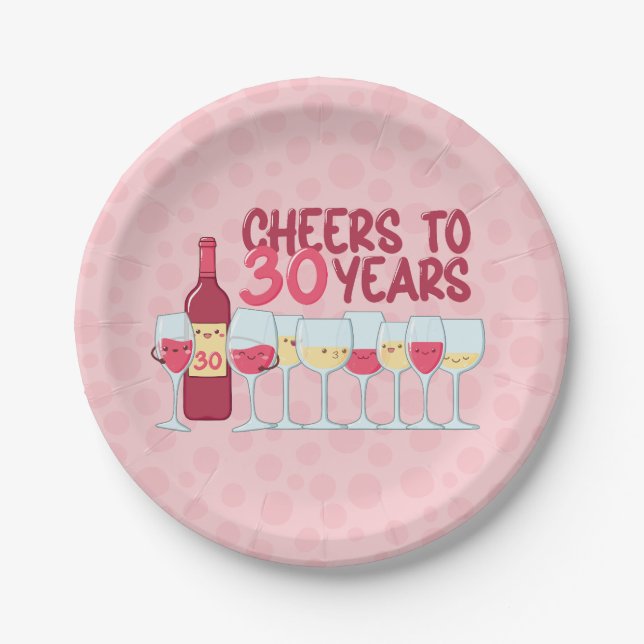 Cheers bis 30 Jahre Wein Thema Kawaii Stil Pappteller (Vorderseite)